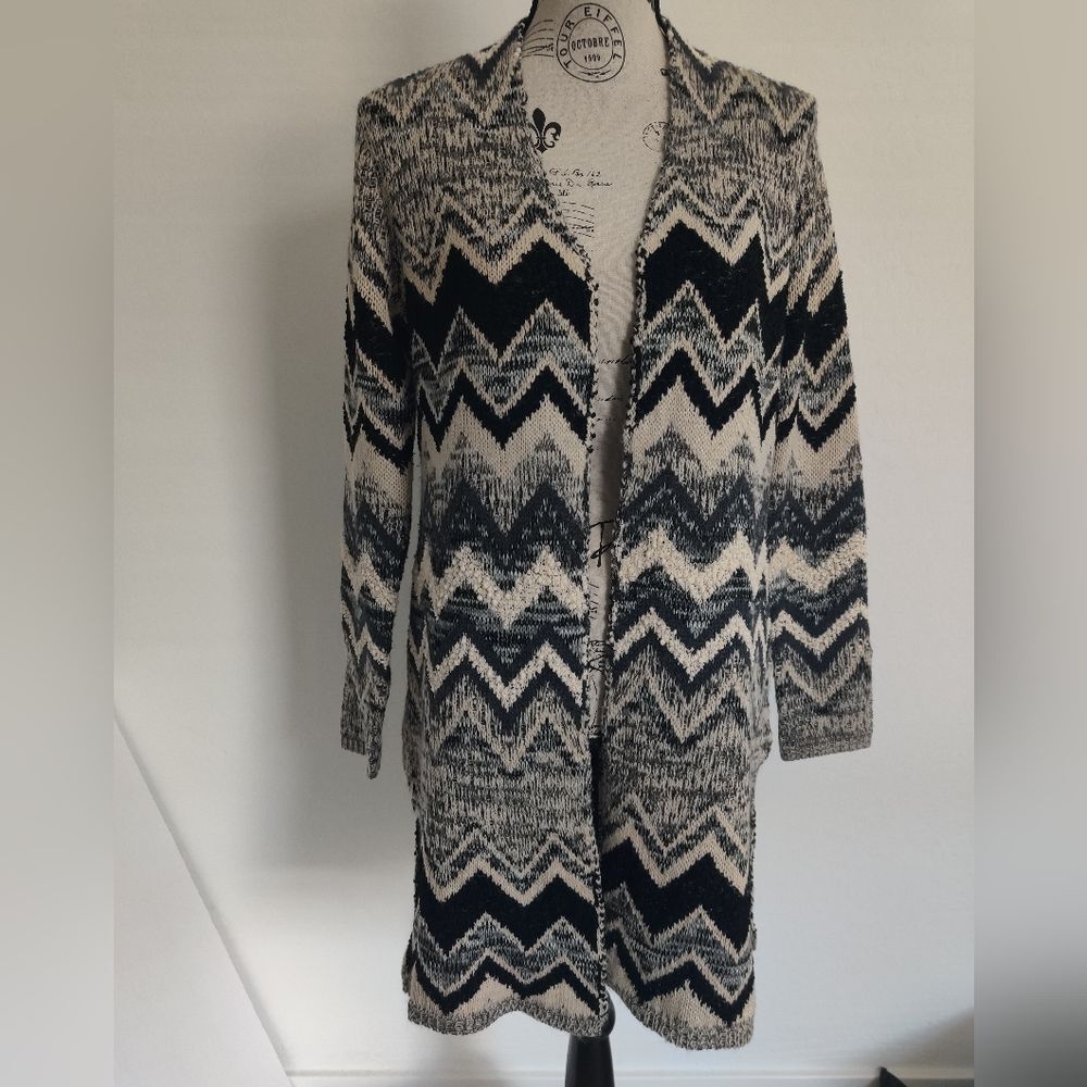 United States Sweaters Black & Cream Cozy Zigzag Open Knit Cardigan Sweater_Med